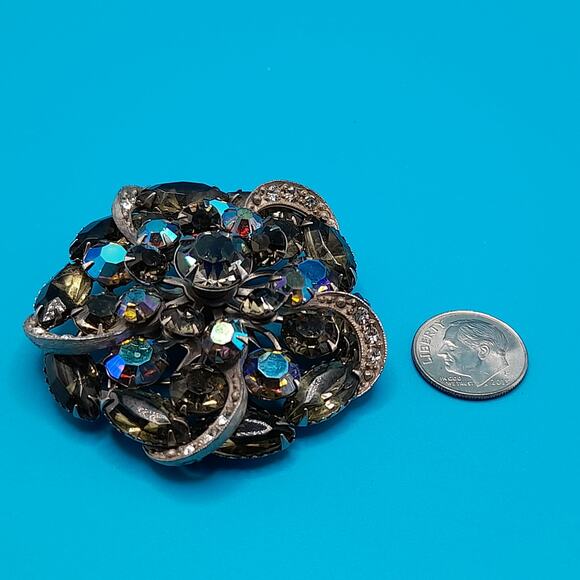 Vintage AB Black Diamond Rhinestone Flower Brooch Silver Tone 2 Inch main image 4